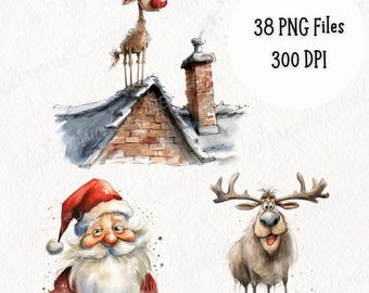 38 かわいい＆面白いクリスマスサンタとトナカイのPNGバンドル、水彩