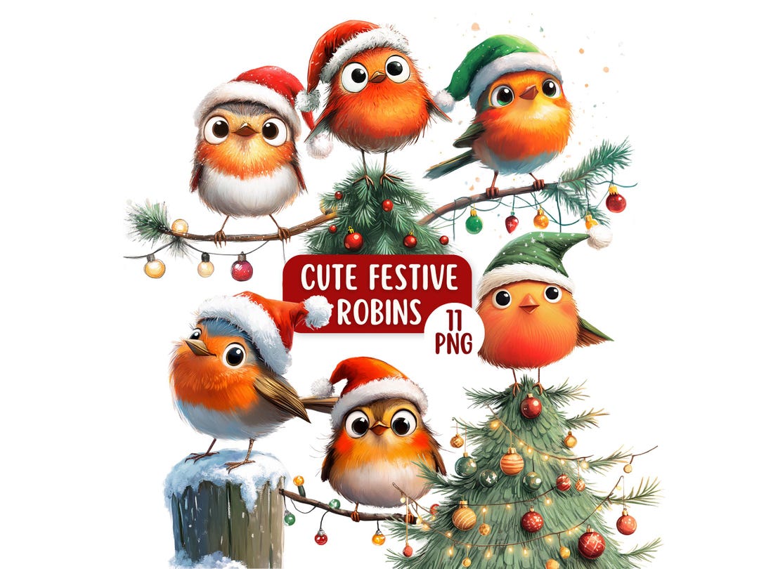 Cute Christmas Robin PNG Clipart Bundle, Christmas Birds on A Branch ...