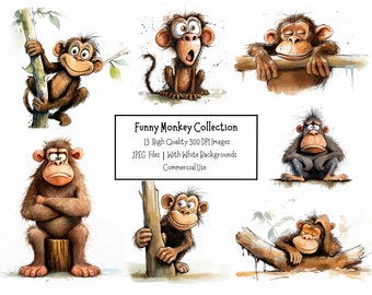 Cute And Funny Monkey Clipart Bundle | 13 High Quality JPEG Illustrations With White Backgrounds | Commercial Use | Animal Clipart