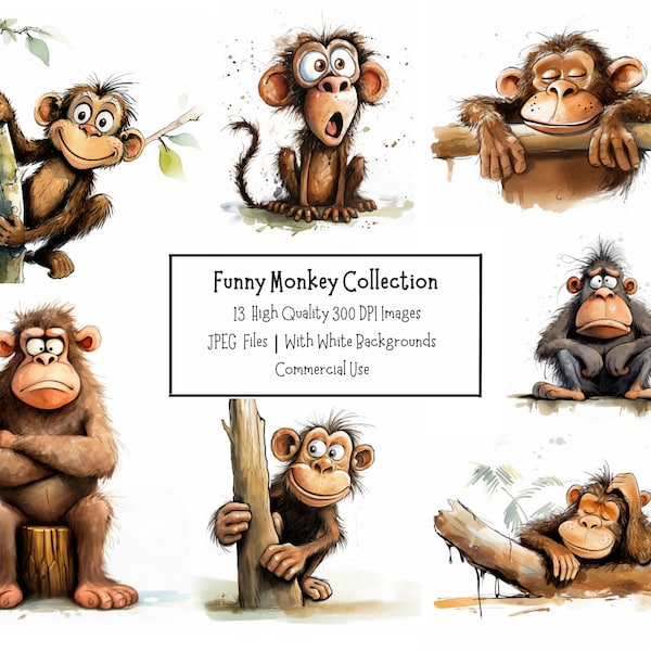 Cute And Funny Monkey Clipart Bundle | 13 High Quality JPEG Illustrations With White Backgrounds | Commercial Use | Animal Clipart
