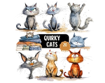 Niedliches, lustiges & schrulliges Katzen PNG Clipart Bundle, wunderliche Haustier Katze Clipart, verspielte Katzengrafik für die Kartenherstellung, DIY und digitales Kunsthandwerk