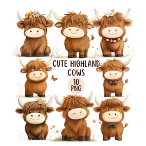 Cute Highland Cow Clipart Bundle 10 PNG Designs, Commercial Use, Cute Scottish Cow, Children's Clipart Digital Download, Printable nursery