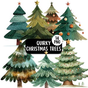 Cute & Quirky Christmas Tree PNG Clipart Bundle, Transparent Backgrounds, Commercial Use, Festive Christmas Card Designs