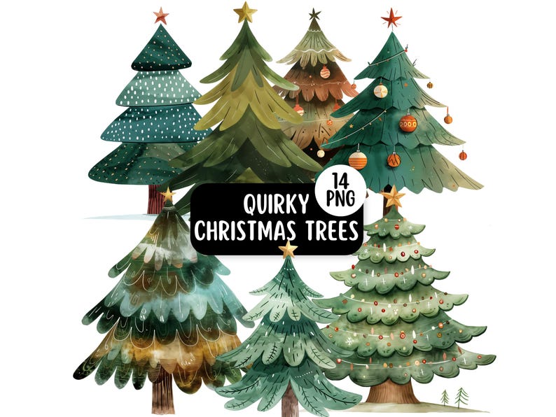 Süßer & schrulliger Weihnachtsbaum PNG Clipart Bundle, transparente Hintergründe, kommerzielle Nutzung, festliche Weihnachtskarten-Designs Bild 1