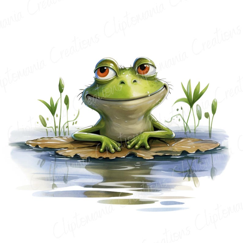 May include: A green frog with red eyes sits on a lily pad in a pond. The frog is smiling and looking to the right. There are green reeds in the background.