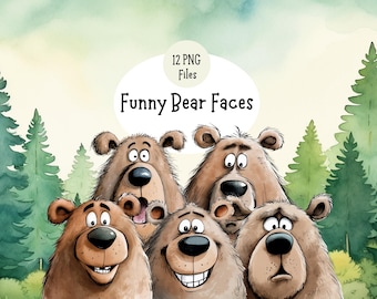 Leuke en grappige beer gezichten clipartbundel, 12 png-ontwerpen + 2 jpeg-achtergronden, digitaal plakboek, kinderclipart, tekenfilmberen