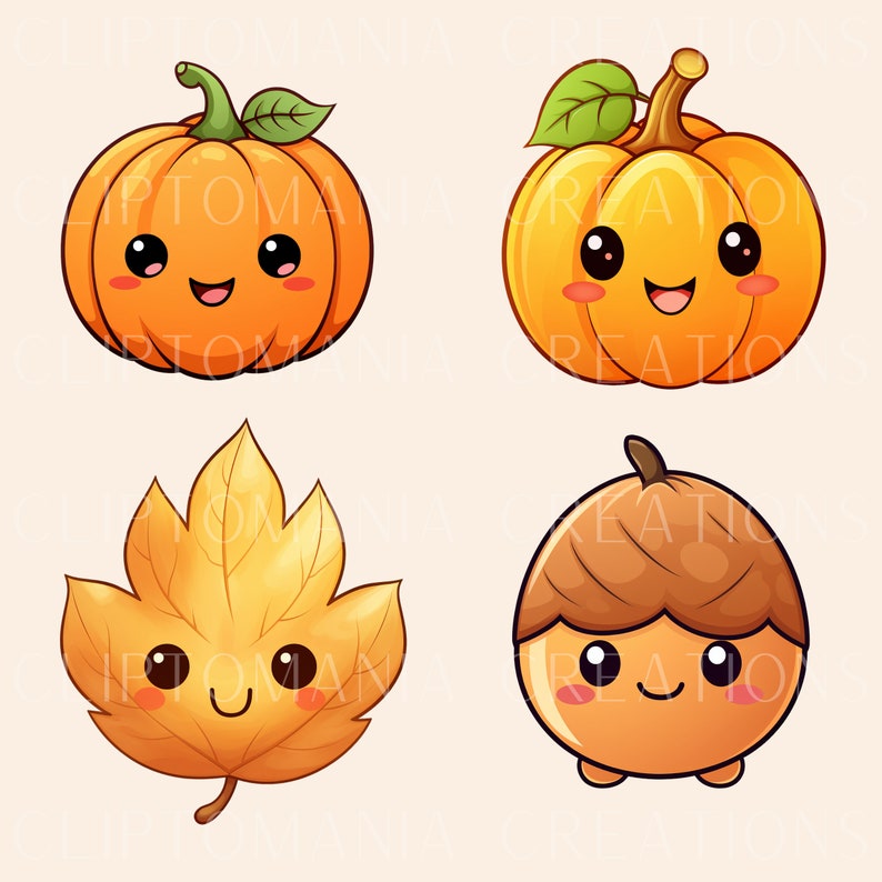 May include: Four cartoon illustrations of autumnal objects: a smiling orange pumpkin, a smiling orange pumpkin with a green stem and leaf, a smiling yellow leaf, and a smiling brown acorn.