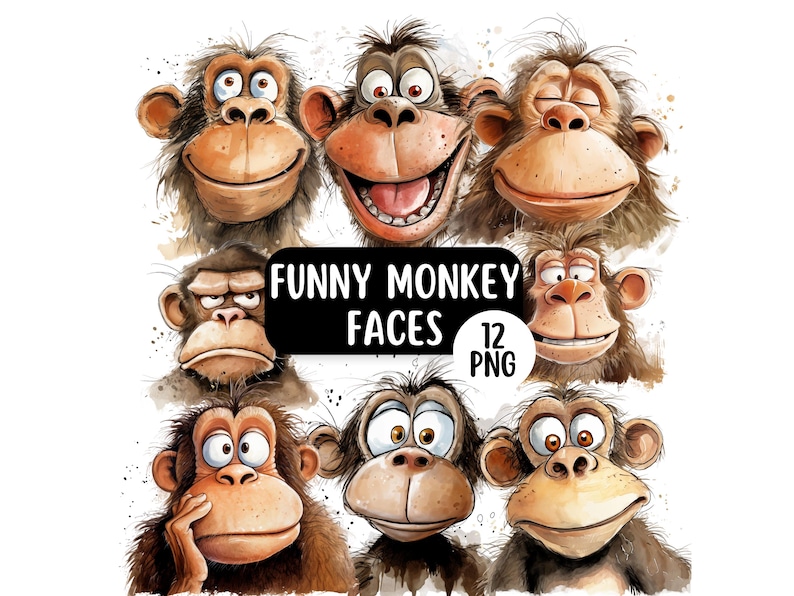 Cute And Funny Monkey Faces PNG Clipart Bundle, Transparent Backgrounds, Funny Jungle Animal Clipart, Quirky Watercolour Monkey Graphics image 1
