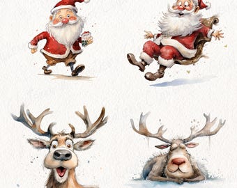 38 かわいい＆面白いクリスマスサンタとトナカイのPNGバンドル、水彩