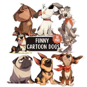 Rolig hund Clipart-paket, tecknad hund PNG, söt hundgrafik, udda hund Clipart, roliga djur PNG, digital nedladdning, hundsublimering