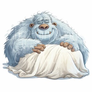 May include: A cartoon illustration of a large, furry white yeti with a wide, closed-eye smile and two visible fangs. The creature has light blue fur, tan hands, and is draped in a large, off-white fabric sheet that covers its lower body.