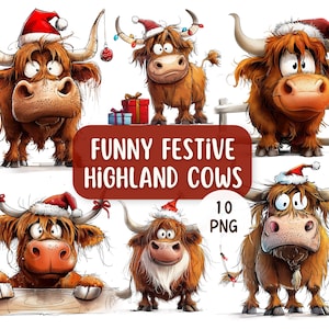 Süßes & Lustiges Festliches Highland Kuh PNG Clipart Bundle |  Transparente Hintergründe | Schrullige Weihnachten Clipart zum Ausdrucken | Kartengestaltung