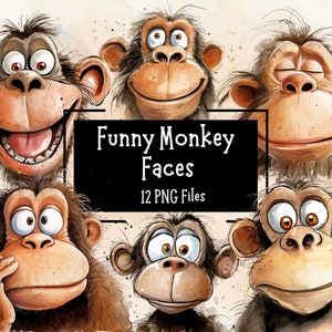Pacote com 12 Cliparts PNG de Rostos de Macacos Fofos e Engraçados | Fundos Transparentes | Uso Comercial | Clipart de Animais da Selva | Diário de Lixo