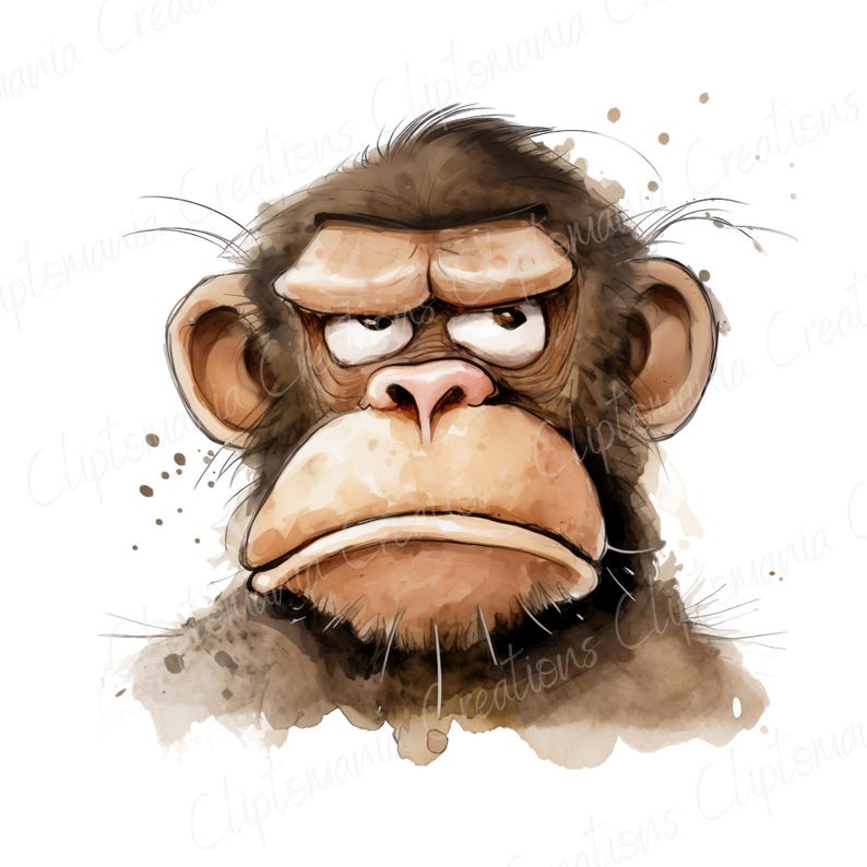 Cute And Funny Monkey Faces PNG Clipart Bundle, Transparent Backgrounds, Funny Jungle Animal Clipart, Quirky Watercolour Monkey Graphics image 8