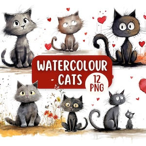 Lot de 12 cliparts chat aquarelle mignon | Saint-Valentin PNG | Utilisation commerciale | Fête des Mères PNG | Créations numériques en papier | Conceptions de fabrication de cartes