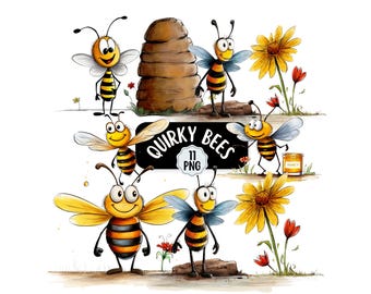 Cute Bee Clipart Bundle, Quirky Bumble Bee Clipart 11 PNG, Funny Bee Clipart, Transparent Backgrounds, Cute Honey Bee, Card Making Design