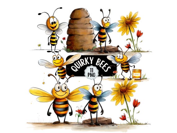 Cute Bee Clipart Bundle, Quirky Bumble Bee Clipart 11 PNG, Funny Bee Clipart, Transparent Backgrounds, Cute Honey Bee, Card Making Design