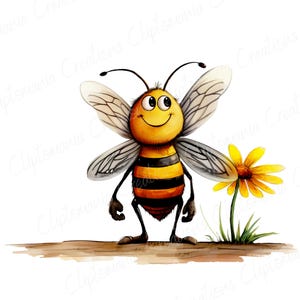 May include: A cartoon bee with black and yellow stripes stands on a brown surface with a yellow flower behind it. The bee has large, round eyes and a smiling mouth.