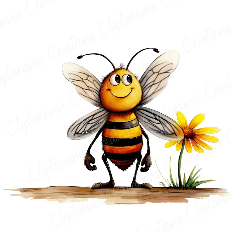 May include: A cartoon bee with black and yellow stripes stands on a brown surface with a yellow flower behind it. The bee has large, round eyes and a smiling mouth.