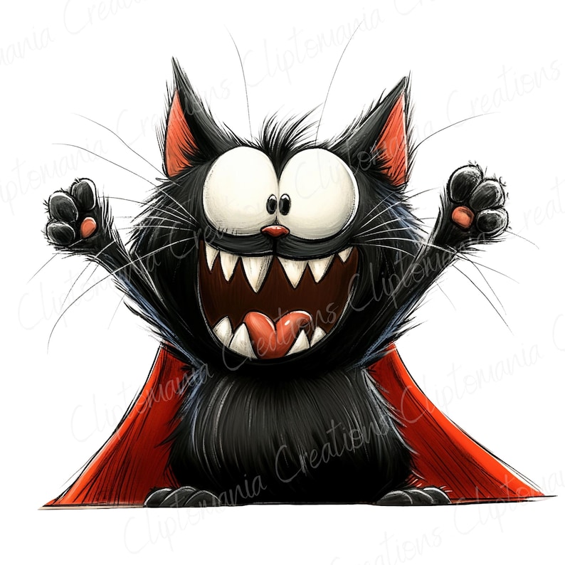 May include: A cartoon illustration of a black cat with a wide, toothy grin and large, expressive eyes. The cat is wearing a red cape and has its paws raised. The image has a playful and slightly spooky theme.