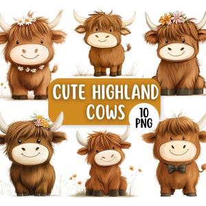 Pacchetto di 10 clipart di mucche scozzesi carine con disegni PNG / Uso commerciale / Mucca scozzese carinissima / Disegni per biglietti d'auguri / Clipart stampabili per bambini