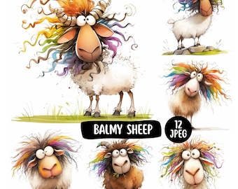 Cute And Funny Rainbow Sheep Clipart Bundle 12 JPEG, Whimsical Sheep, Funny Farm Animal Clipart For Card Making Junk Journal DIY Crafts