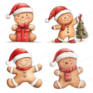 Puede incluir: Ilustraciones en acuarela de hombres de jengibre con gorros y bufandas de Pap&aacute; Noel. Uno sostiene un regalo, otro un &aacute;rbol de Navidad. Tema festivo navide&ntilde;o.