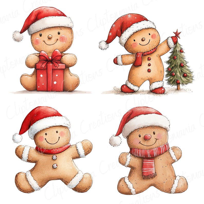Puede incluir: Ilustraciones en acuarela de hombres de jengibre con gorros y bufandas de Pap&aacute; Noel. Uno sostiene un regalo, otro un &aacute;rbol de Navidad. Tema festivo navide&ntilde;o.