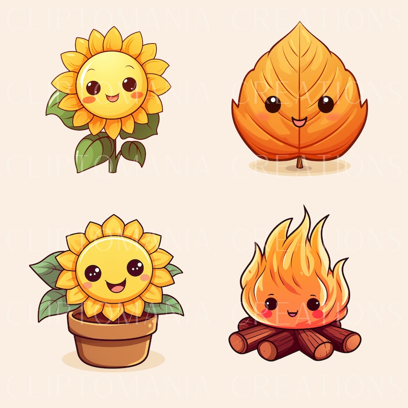 May include: Four cartoon illustrations of autumnal objects: a yellow sunflower, a brown leaf, a potted sunflower, and a campfire with flames.
