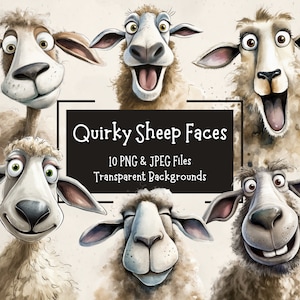 Ovelhas fofas e engraçadas enfrentam pacote de clipart de 10 PNG | Uso Comercial | Clipart de animal de fazenda engraçado | Artesanato de papel digital | Projetos para fazer cartões