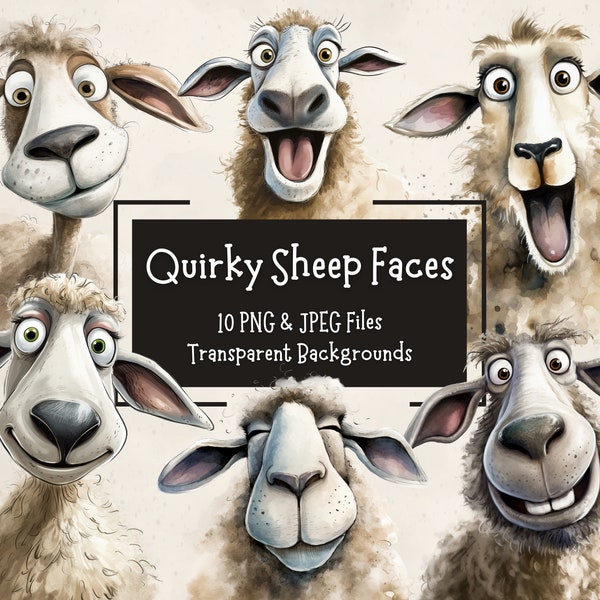 Cute And Funny Sheep Faces 10 PNG Clipart Bundle | Commercial Use | Funny Farm Animal Clipart | Digital Paper Craft | Card Making Designs