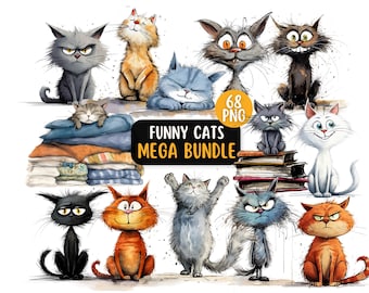 68 Cute, Funny And Quirky Cats PNG Mega Bundle, Transparent Backgrounds, Whimsical Cat Clipart, Commercial Use, Funny Grumpy Cat Clipart
