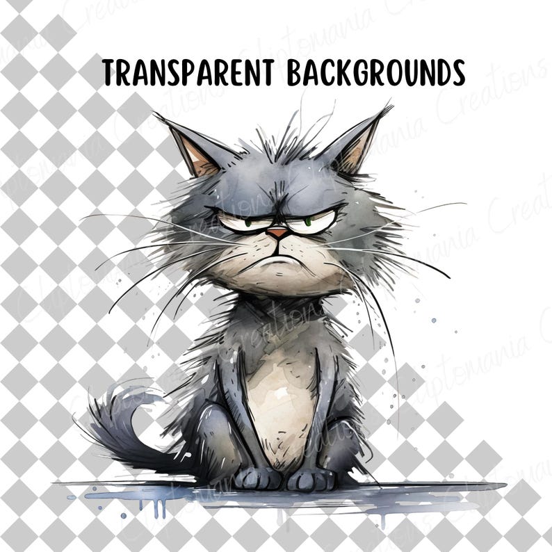 Paquete de imágenes PNG de gato gruñón divertido, fondos transparentes, uso comercial, gráficos de gato enojado divertido imagen 2