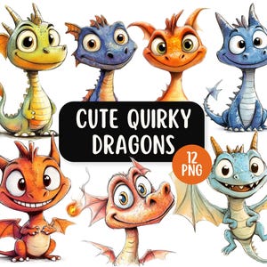 Niedliches schrulliges Drache Clipart Bundle 12 PNG | Transparente Hintergründe | Kommerzielle Nutzung | Fantasie Clipart | Druckbare lustige Cartoon Drachen