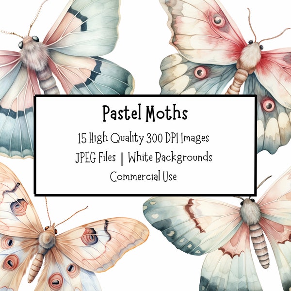 Pastel Moth Clipart Illustrations | Bundle of 15 Watercolour Moths | Digital Download Commercial Licence Clipart | Digital Paper Craft