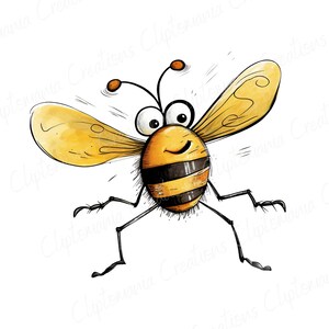May include: A cartoon bee with large eyes and a smile, drawn in black and yellow with watercolour accents. The bee has large wings and long legs.