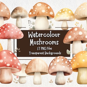 Lot de 17 cliparts champignon aquarelle | Fonds transparents | Graphismes pastel champignon vénéneux | Scrapbooking numérique | Journal indésirable