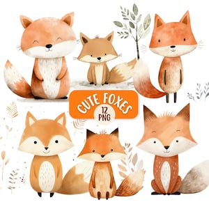 Schattige aquarel Fox clipartbundel 12 PNG, transparante achtergrond, commercieel gebruik, bosdier, kinder clipart, decor kinderkamer