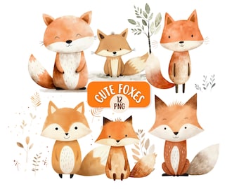 Paquete de 12 imágenes PNG de zorros adorables en acuarela, con fondo transparente, para uso comercial. Animales del bosque. Imágenes prediseñadas infantiles. Decoración para habitaciones infantiles.