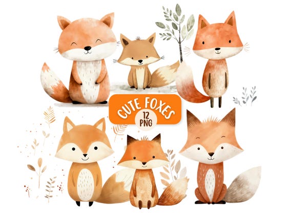 Cute Watercolour Fox Clipart Bundle 12 PNG, Transparent Backgrounds, Commercial Use, Woodland Animal, Children's Clipart, Nursery Decor