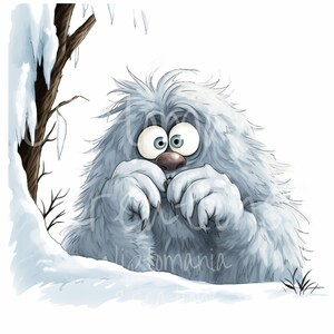 May include: A digital illustration of a fluffy, light blue yeti with wide, surprised eyes and a dark nose, peeking out from behind a snow-covered tree trunk. The creature has thick, shaggy fur and visible claws, set against a stark white background.