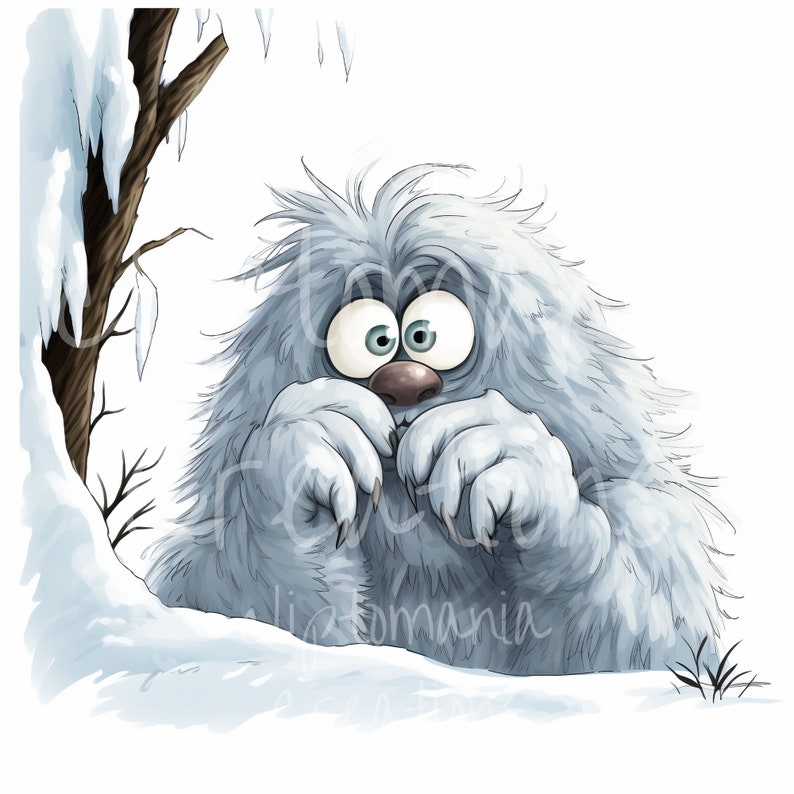 May include: A digital illustration of a fluffy, light blue yeti with wide, surprised eyes and a dark nose, peeking out from behind a snow-covered tree trunk. The creature has thick, shaggy fur and visible claws, set against a stark white background.