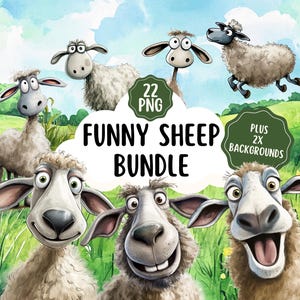 22 Cute, Funny And Quirky Sheep Clipart Bundle | Transparent Backgrounds | Whimsical Sheep Graphics | Commercial Use | 3x Farm Backgrounds