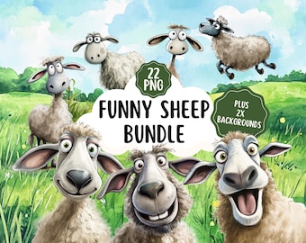 22 Cute, Funny And Quirky Sheep Clipart Bundle | Transparent Backgrounds | Whimsical Sheep Graphics | Commercial Use | 3x Farm Backgrounds