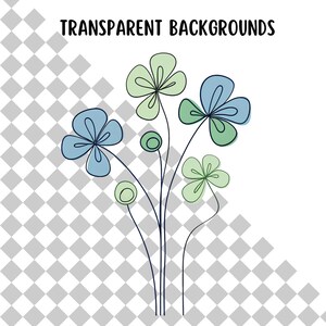 May include: A digital illustration of a bouquet of blue and green flowers with stems. The flowers are stylized and have a simple, whimsical design.