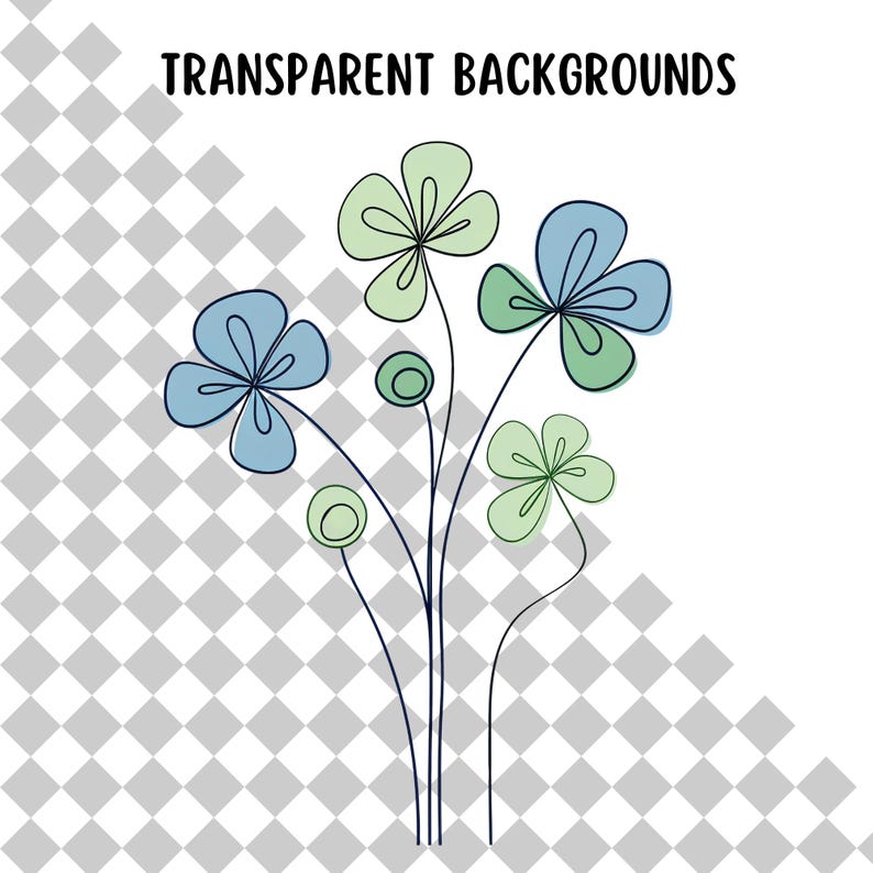 May include: A digital illustration of a bouquet of blue and green flowers with stems. The flowers are stylized and have a simple, whimsical design.