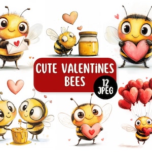 Lindo paquete de 12 imágenes prediseñadas JPEG de abejas para San Valentín / Uso comercial / Fabricación de tarjetas / Diario basura / Parejas románticas de abejas / Globos con forma de corazón de amor