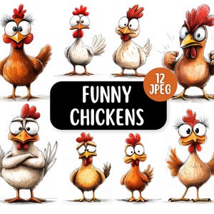 Pacote de clipart de galinha engraçada de desenho animado 12 JPEG | Clipart de animais de fazenda | Designs para fazer cartões | Galinhas fofas e peculiares | Uso comercial
