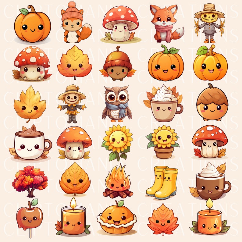 May include: A collection of 30 cute cartoon illustrations featuring autumn themes. The illustrations include pumpkins, leaves, mushrooms, owls, scarecrows, acorns, sunflowers, candles, and more. The illustrations are in a variety of colours, including orange, yellow, brown, red, and green.