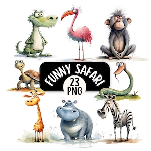 Funny Safari Animal PNG Clipart Bundle | Cute & Quirky Watercolour Animals For Card Making And DIY Crafts | Printable Watercolour Animals